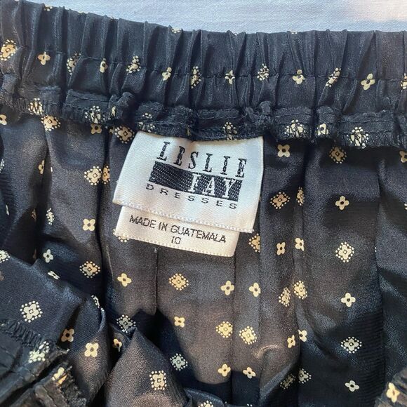 Vintage LESLIE FAY Skirt Suit Set Blouse Pleated Midi Skirt Womens 10 Black Tan - Picture 5 of 5